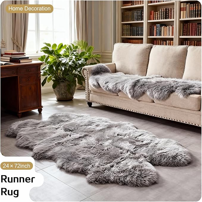 Grey Faux Fur Sheepskin Area Rug for Living Room Bedroom, 2 x 4 Feet Ultra Soft Shaggy Fuzzy Furry Carpet Chair Throw Rugs for Kids, Girls, Nursery Room Decor Dorms