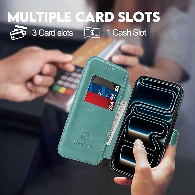 CIVICASE for iPhone 17 Pro Wallet Case with Stand,PU Leather Flip Credit Card Holder Slots (RFID Blocking),Compatible with Magsafe Magnetic Holder Phone Cover Women Men,Green