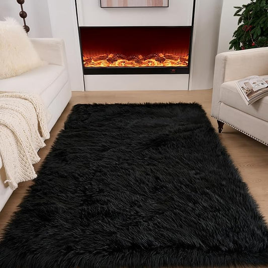 Fluffy Faux Fur Rug Black Sheepskin Area Rug,2x4 Ft Ultra Soft Shaggy Plush Rug for Bedroom Bedside Living Room Nursery Kids Room