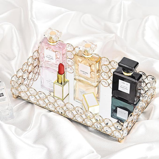 Elegant Gold Crystal Mirror Perfume Tray for Vanity, Coffee Table, and Home Decor - Small Glass Tray for Jewelry, Perfume, and Decorative Items - Bandeja para Perfumes, Perfume Trays for Dresser