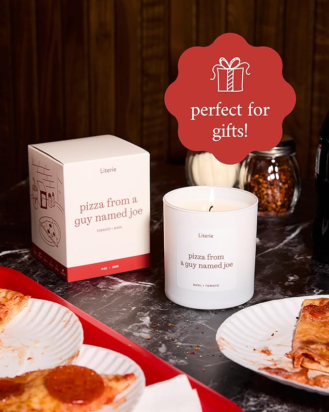 Literie NYC Inspired Scented Candle: Pizza from a Guy Named Joe - Tomato & Basil Scent, 9oz, 50 Hour Burn, Vegan Soy & Coconut Blend Candle for Home Decor, Gift for Women & Men