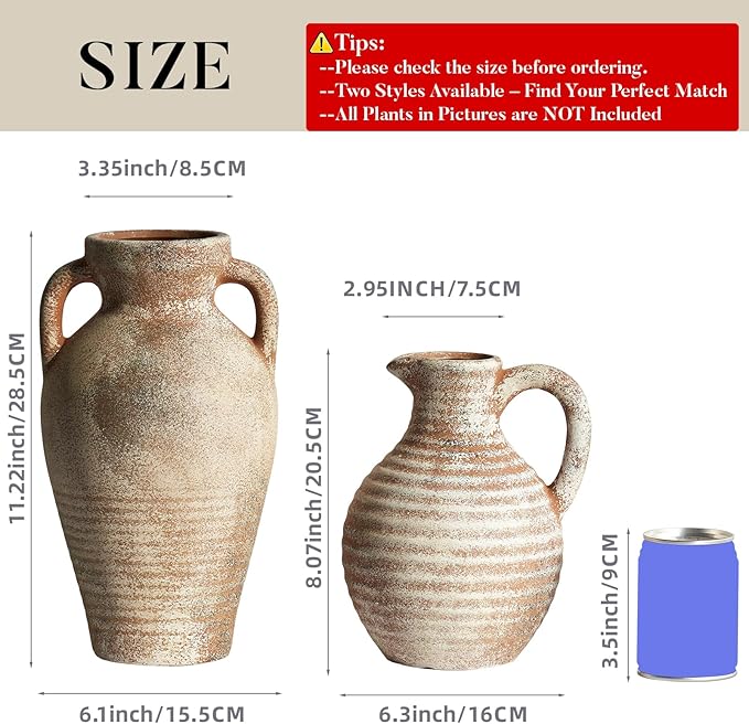 Ceramic Flower Vase Rustic Terracotta Vase with Handles Neutral Clay Pitcher Antique Vase for Home Decor,8 Inch Farmhouse Boho Vases for Living Room,Dining Table,Enterway,Shelf,Fireplace