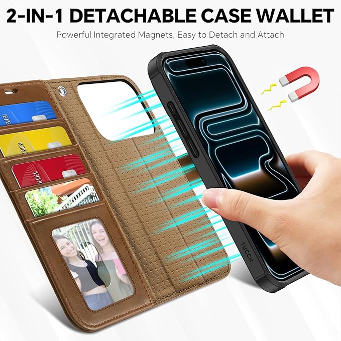 TUCCH Detachable Case Wallet for iPhone 17 Pro (6.3") 2025, Wrist Strap, 4 Card Holders RFID Blocking, Wireless Charging, Stand, 2-in-1 Magnetic, PU Leather, Shockproof Folio Cover, Brown