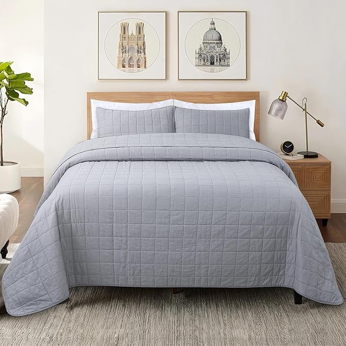 100% Cotton Quilt Sets Queen Size- Soft Lightweight Quilt Bedding Set for Bedroom Decor- Bedspread in Geometric Pattern with 2 Pillow Shams for All Season, 90x98 inches