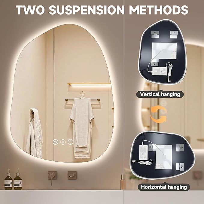 Hasipu Irregular Wall Mirror with Lights- 31"x24" Large Vanity Mirror with Anti-Fog, 3 Color Modes,Dimmable Light, Memory Function, Backlit Wall Mount, Horizontal/Vertical