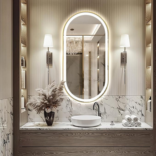 Niccy Oval LED Mirror for Bathroom, 48x24 Front Lit + Backlit Vanity Mirrors with Light Anti-Fog, Shatter-Proof, 3 Colors, Makeup Mirror with Old Gold Frame (Horizontal/Vertical)