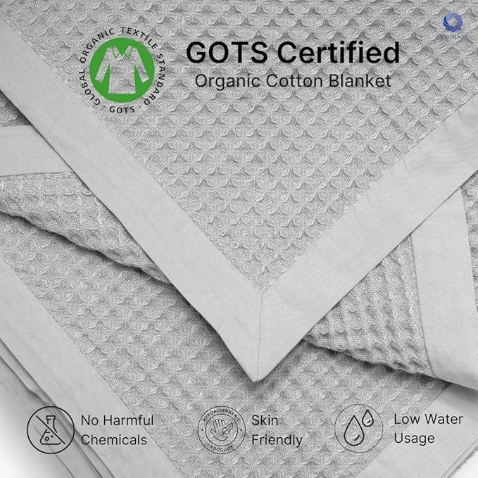 GOTS Certified Organic Cotton Waffle Weave Cozy Throw Blanket, 50"X60", Modern Home Decor, Soft Bed Blanket - Scottish Grey