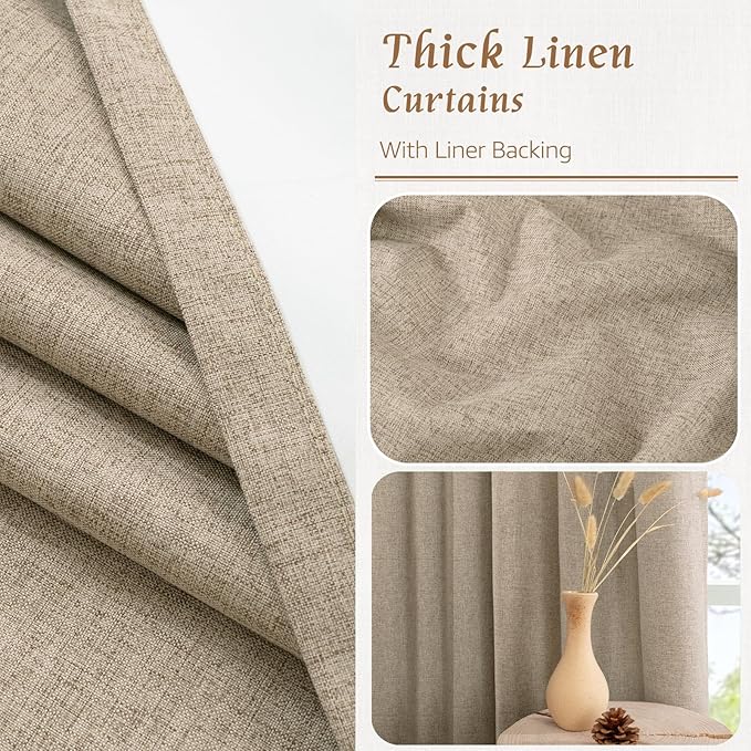LAMIT 100% Blackout Linen Curtains 63 Inches Long, Linen Textured Living Room Farmhouse Curtains Full Room Darkening Back Tab and Rod Pocket Panels with White Liner, 2 Panels, Taupe, 60 x 63 Inch