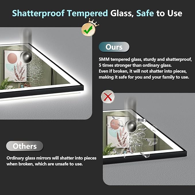 40x30 Black Framed LED Bathroom Mirror with Lights, Backlit + Front Lit, Anti-Fog Lighted Vanity Mirror for Bathroom Wall with 3 Colors, Dimmable, Memory, Tempered Glass, Horizontal/Vertical