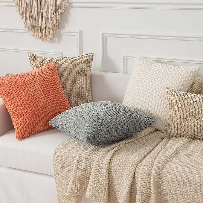 Kevin Textile Throw Pillow Covers Soft Corduroy Decorative Set of 2 Boho Striped Pillow Covers Pillowcases Farmhouse Home Decor for Couch Bed Sofa Living Room 20x20 Inch Beige