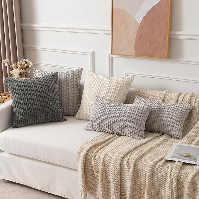 Kevin Textile Corduroy Striped Soft Soild Decorative Square Throw Pillow Covers Set Cushion Cases Pillowcases for Sofa Bedroom 2 Pcs 24x24 Inch Dark Grey