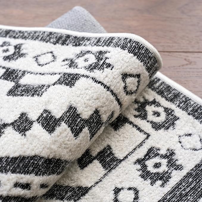 Moroccan Washable Runner Rug 2x8, Geometric Woven Area Rug, Farmhouse Boho Hallway Rug Runner, Non-Slip Soft Lightweight Throw Mat for Bedroom Living Room Laundry Kitchen, Black and White