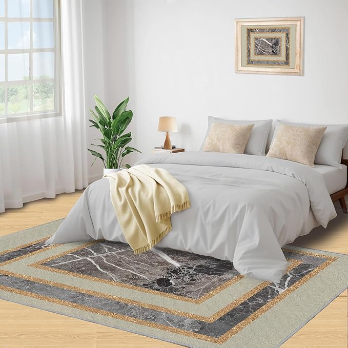 Light Luxury Marble Area Rugs Gilded Stripe Geometry Area Carpet Abstract Marble Texture Rug Stone Crack Carpet for Living Room Study Bedroom 3x5ft