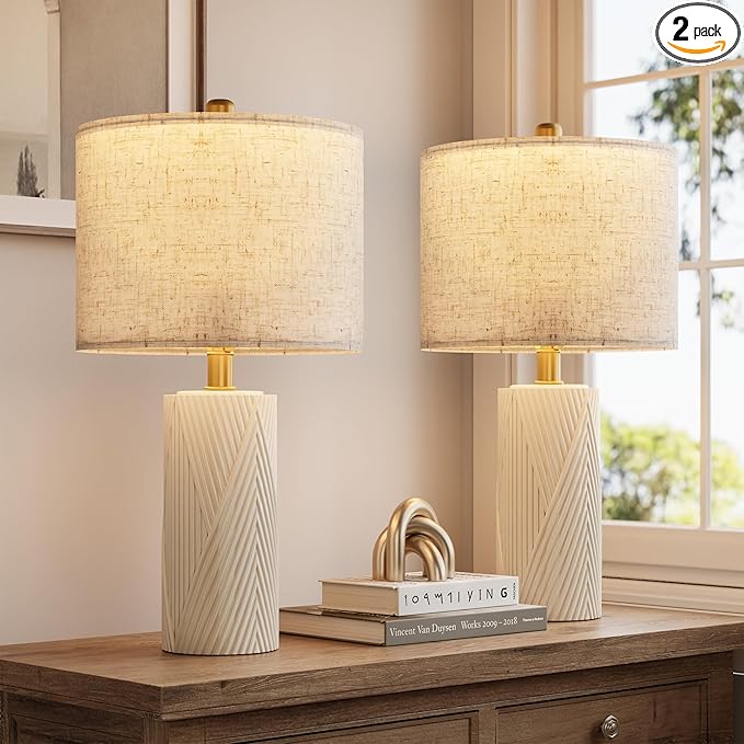 22" Modern Ceramic Table Lamp Set of 2 for Living Room, Table Lamps for Bedroom Set of 2， Farmhouse Bedside Nightstand Bedside Lamp End Table Lamps White