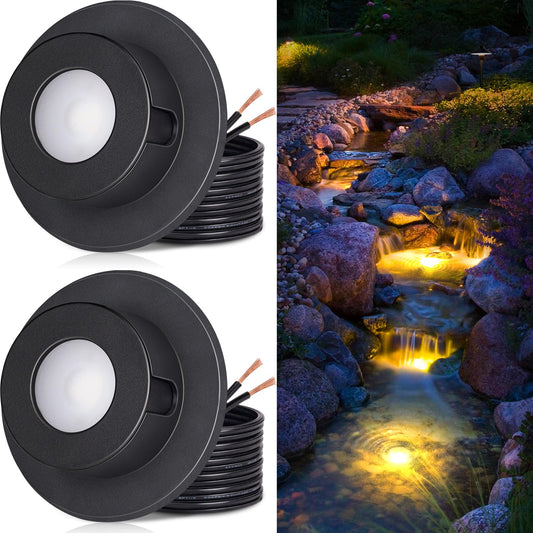 SUNVIE Pond Lights LED Underwater 3000K Warm White IP68 Waterproof, 2 Pack, Low Voltage 12-24V AC/DC, Black, Model ULWS03W02