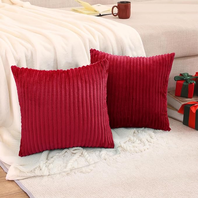 Simmore Decorative Throw Pillow Covers 16x16 Set of 2, Soft Natural Plush Flannel Double-Sided Fluffy Couch Pillow Covers for Sofa Living Room, Red
