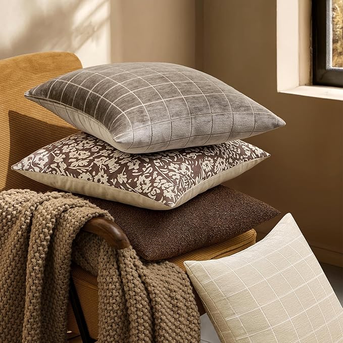 MIULEE Decorative Chenille Check Euro Shams Throw Pillow Covers Vintage Plaid Couch Pillows 24x24 Inch Set of 2 Neutral Boho Cushion Covers Modern Spring Decor for Sofa Bed Living Room Taupe Grey