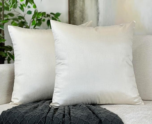 Aiking Home 20x20 Inches Faux Silk Square Throw Pillow Cover, Zipper Closure, Ivory (Set of 2)