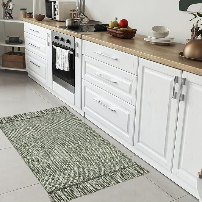 Collive Small Bathroom Rug, 2' x 3' Hand-Woven Low Profile Front Entryway Rug, Olive Green/Cream Cotton Reversible Washable Kitchen Mat Modern Farmhouse Carpet for Foyer Bedroom Back Door Decor