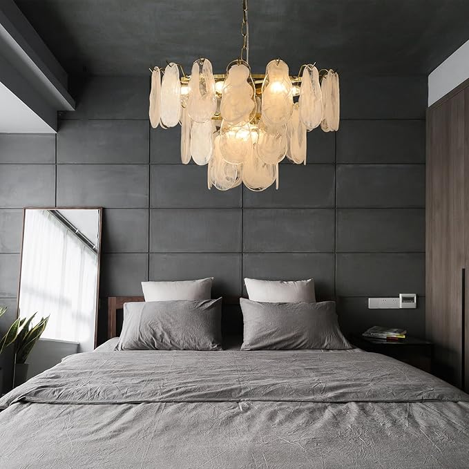 Gold Modern Chandelier 23in 9-Light Cloud Glass Pendant Light Mid Century Chandelier with White Shell Crystal Chandeliers for Bedroom Dining Room Living Room Kitchen Island Foyer