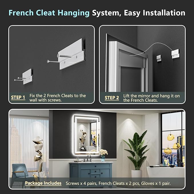 24x30 LED Bathroom Mirror with Lights, Backlit & Front Lit, Anti-Fog Lighted Vanity Mirror for Bathroom Wall, 3 Colors, Dimmable, Memory, HD Tempered Glass, Shatter-Proof, Horizontal/Vertical