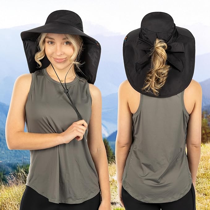 SUN CUBE Wide Brim Sun Hat with Neck Flap, UPF50+ Hiking Safari Fishing Hat for Men Women, Sun Protection Beach Hat