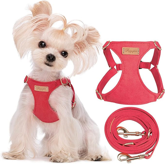 Puppytie No Pull XXS Puppy Harness with Multifunction Dog Leash,Soft Adjustable No Choke Escape Proof Pet Harness Vest,red-Camellia,XXS