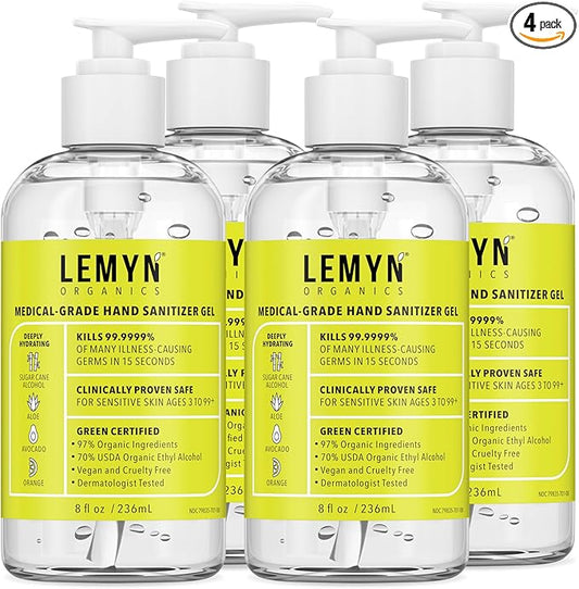 Medical Grade Hand Sanitizer Gel - 97% ORGANIC - 8 FL.OZ. with PUMP (PACK OF 4)