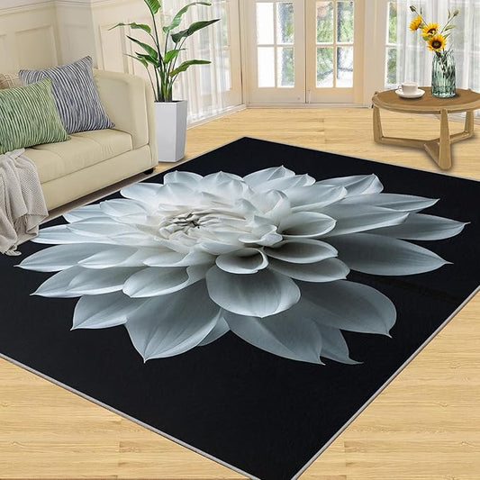 Petals Washable Area Rugs 4x5 Non-Slip Dahlia Living Room Rug White Flower Soft for Carpet Low Pile Indoor Door Mat & Room Decor