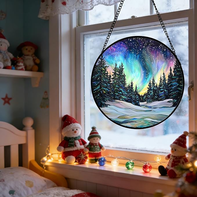DASTOLL Stained Glass Window Hanging, Aurora Landscape Sun Catchers Glass Panel Green Trees Suncatcher Decor for Birthday for Women, Men, Wife, Aunt, and Mom 6.3 in