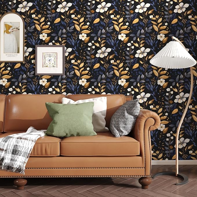 Blue/Gold Leaf Wallpaper Peel and Stick Vintage Dark Floral Wallpaper Waterproof Self Adhesive Removable Boho Wall Paper Modern for Bedroom Walls Drawer Cabinet 17.5in x118in