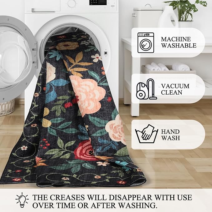 DUKINO 6x9 Area Rug, Floral Rugs for Living Room, Lightweight Non Slip Washable Indoor Low Pile & Non-Shedding Boho Design Carpet for Bedroom, Living Room, Dining Room, Black