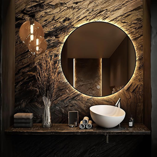40" Round LED Bathroom Mirror, Wall Mounted Backlit Vanity Mirror with 45° Beveled Frame Lighted Mirror for Bedroom, Fog Free 3-Color Dimmable Lights Memory Function, Black