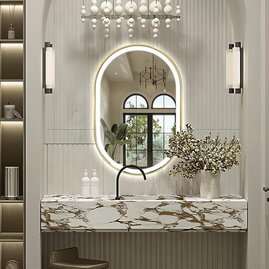 Niccy Oval LED Mirror for Bathroom, 40x24 Front Lit + Backlit Vanity Mirrors with Light Anti-Fog, Shatter-Proof, 3 Colors, Makeup Mirror with Old Gold Frame (Horizontal/Vertical)