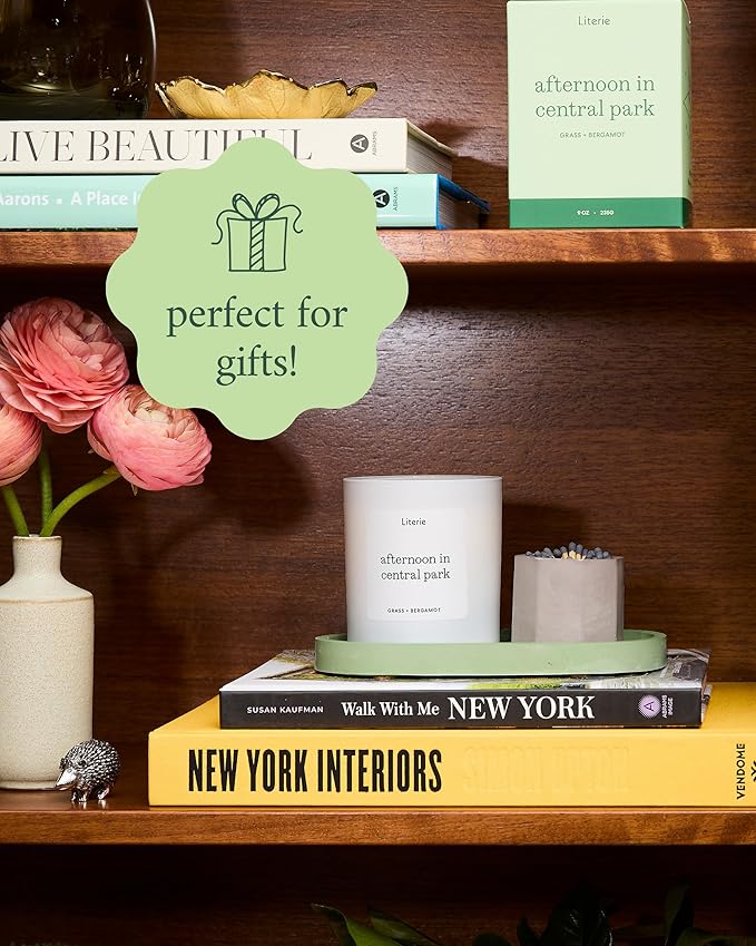 Literie NYC Inspired Scented Candle: Afternoon in Central Park - Grass & Bergamot Scent, 9oz, 50 Hour Burn, Vegan Soy & Coconut Blend Candle for Home Decor, Gift for Women & Men