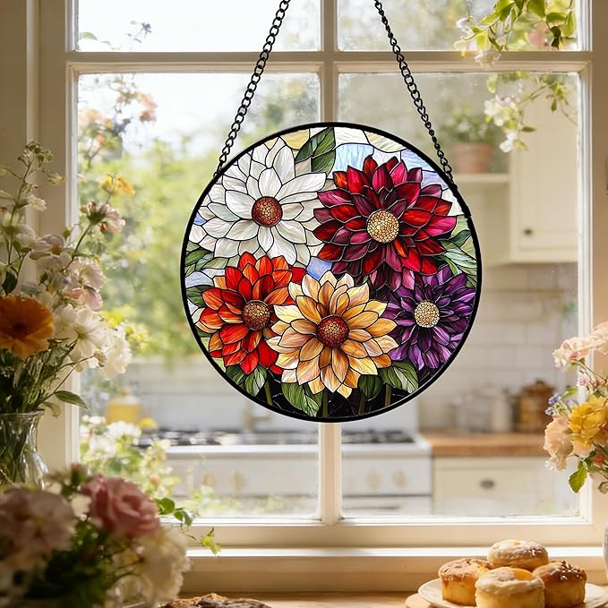Stained Glass Window Hanging, Colorful Flowers Sun Catcher for Window Door Home Decor Plant Suncatcher Christmas Mother's Day Birthday Gifts for Women Men Mom and Nana 6.3 in