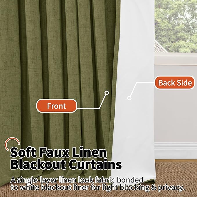 Lajode Olive Green Linen Blackout Curtains - 84 Inch Long Total Black Out Curtains for Bedroom Living Room, Thermal Insulated Room Darkening Light Blocking Faux Linen Curtains Each 52x84 Inch 2 Panels
