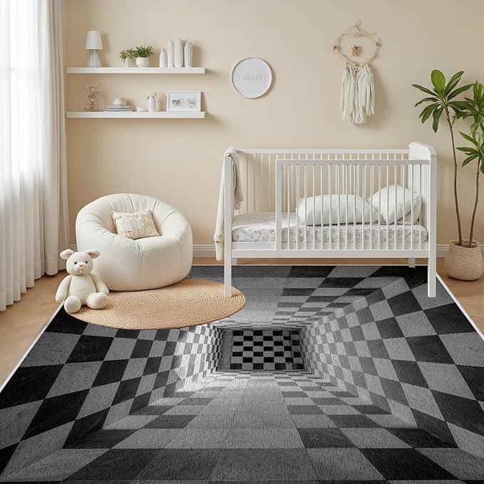 3D Rug 8x10, Plaid Soft Ultra Soft Faux Wool Low Pile Optical Illusion Rug, Indoor Floor Mats Abstract Geometric Carpet, Non-Slip Stain Resistant Washable Rugs, Modern Gray Rugs for Living Room