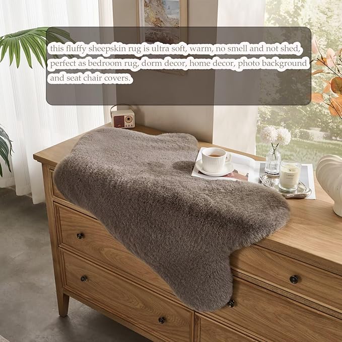 1700GSM Fuzzy Faux Sheepskin Fur Area Rug,Extra Soft Faux Fur Mat,Fluffy Shaggy Fur Rug for Bedroom Living Bedside Rug Room Decor-Taupe, 2 x 3 ft