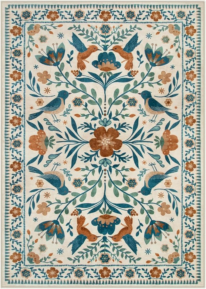 Moynesa Bedroom Rug 5x7, Washable Modern Bohemian Area Rugs for Living Room Dining Room, Farmhouse Floral Bird Print Pattern Carpet, Retro Home Decor Open Floor Areas Non-Slip Protection