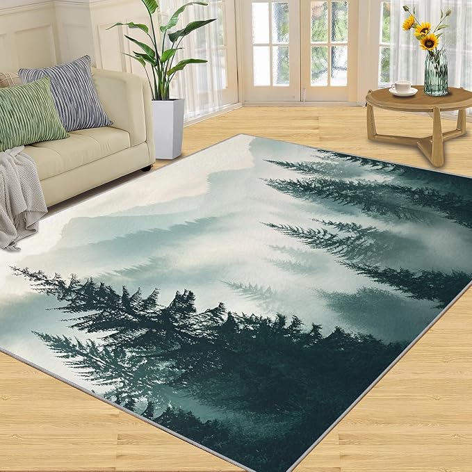 Misty Forest 5x6 Area Rug Natural Landscape Washable Rugs for Living Room Bedroom, Green Woods Soft Low Pile Non Slip Accent Floor Mat Print Throw Rug Indoor Carpet Dining Room Playroom