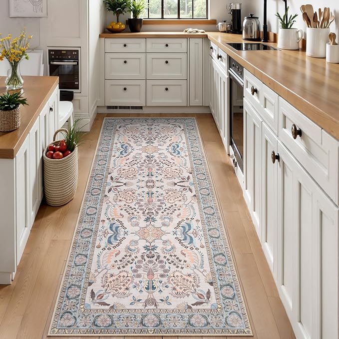 Tangsoo 2x3 Small Rug for Entryway, Washable Area Entry Rug Non Slip, Neutral Low Pile Soft Area Rugs, Indoor Front Door Boho Floral Throw Rugs for Entrance Kitchen Bedroom Bathroom Home Decor