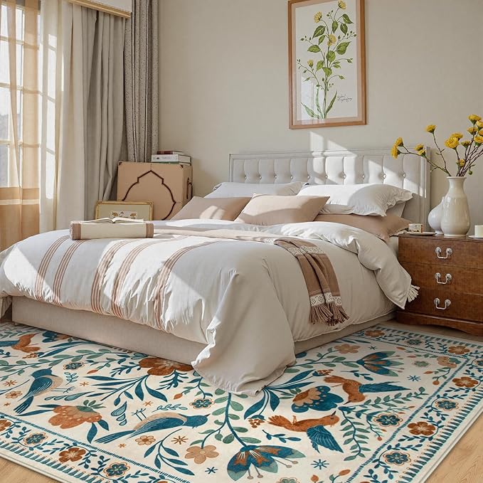 Moynesa Floral Bird 6x9 Area Rug for Living Room Bedroom Dining Room, Retro Home Decorations for Modern Bohemian Farmhouse Open Areas, Family Friendly Comfort Floor Protection Non-Slip Washable