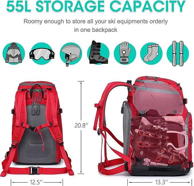 Ski Boot Bag, 55L/70L Waterproof Ski and Snowboard Boots Travel Backpack for Skis, Snowboard, Ski Helmet, Goggles, Gloves & Accessories