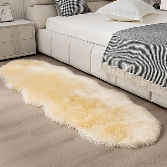 Faux Fur Rug Runner 2x6 ft Beige - Machine Washable Super Soft Plush Shaggy Fluffy Area Carpet,Sheepskin Rug Fuzzy Floor Mat for Bedroom, Sofa,Living Room, Bedside, Nursery & Kids Room