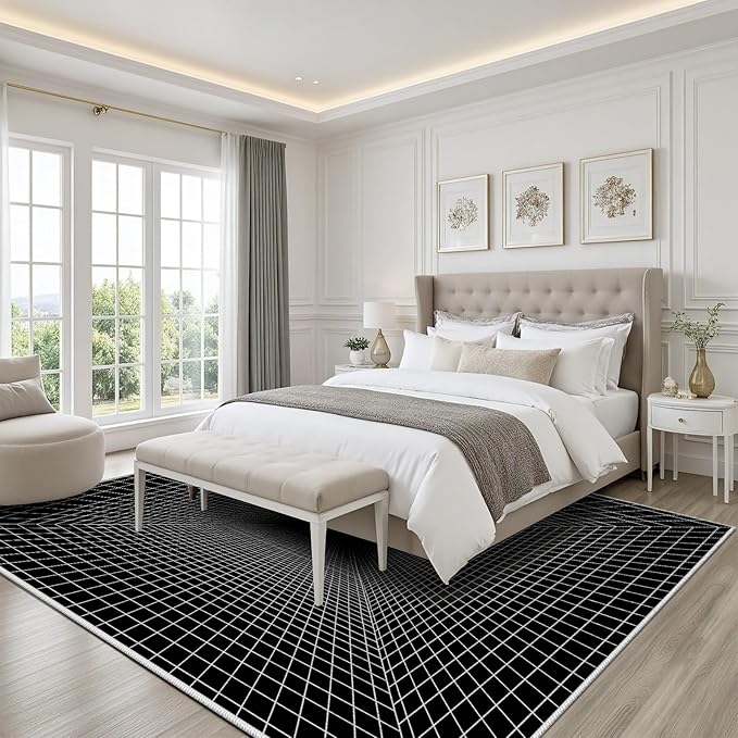 Optical Illusion Rug - Washable Rugs 3x5, Abstract Geometric Lines Soft Neutral Indoor Floor Mats Plaid Carpet, Non-Slip Stain Resistant Modern Black Rug for Bedroom, Living Room Rugs