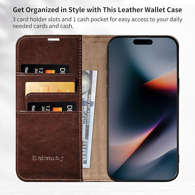 Belemay Leather Wallet Case Compatible with iPhone 17, Premium Cowhide Leather Two-Tone Effect, RFID Blocking Card Holders, Shockproof TPU Shell, Kickstand, Protective Flip Cover, 6.3", Brown