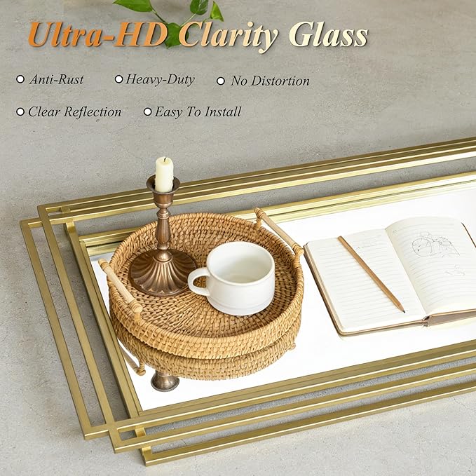 Large Geometric Wall Mirror, 67"x26" Modern Rectangle Full Length Mirror with Gold Metal Frame, Elegant Art Deco Mirror for Living Room Entryway Hallway, Hangs Vertically or Horizontally