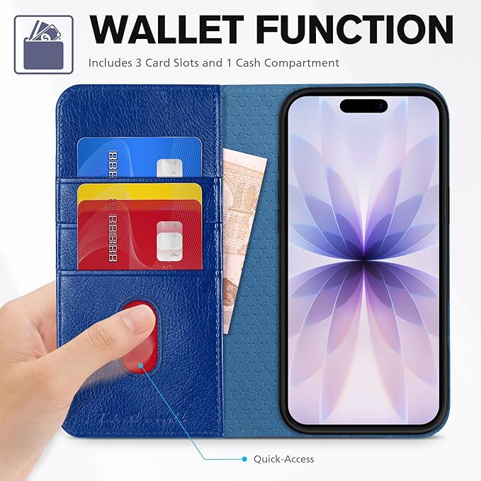 TUCCH Wallet Case for iPhone 17 (6.3") 2025, 3 Credit Card Holders, RFID Blocking, Stand, PU Leather, Shockproof TPU Interior Shell, Protective Flip Folio Cover, Klein Blue