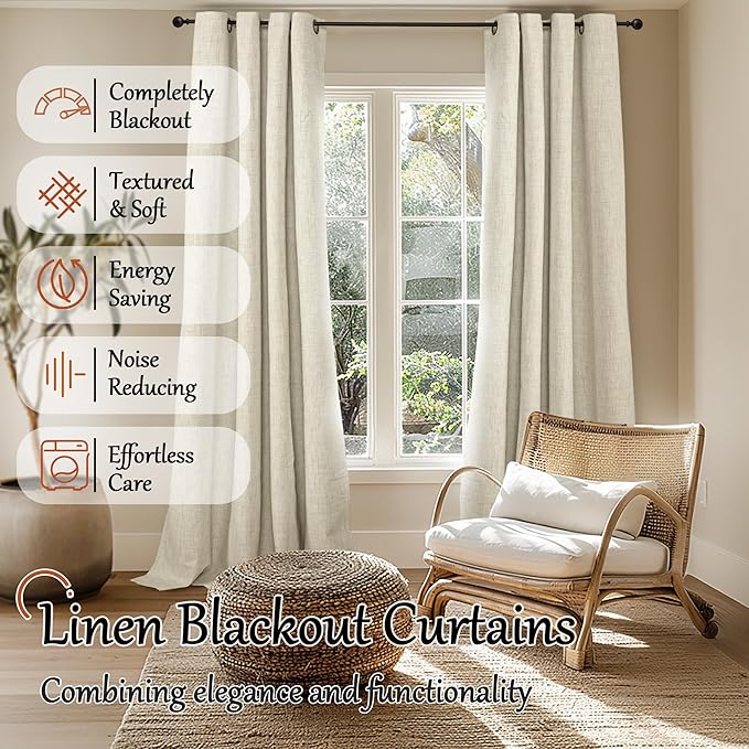 Lajode 100% Blackout Curtains for Living Room 90 Inches Long 2 Panels, Faux Linen Textured Linen Floor Length Thermal Insulated Bronze Grommet Boho Window Energy Save Drapes, Each 52" Wide, Natural